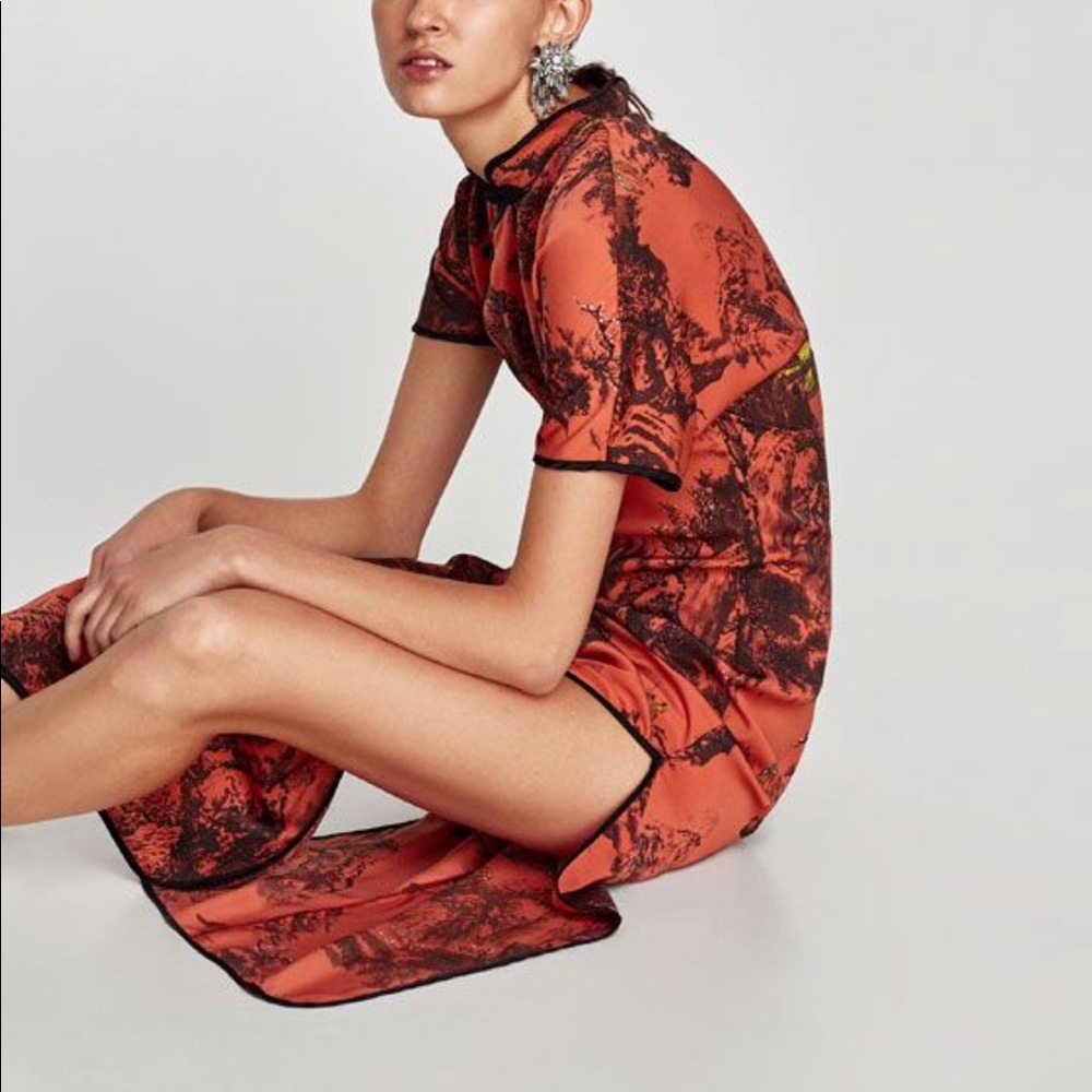 Zara Burnt Orange and Black Printed Midi Dress